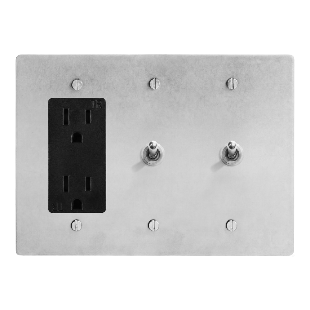 Satin Nickel 3-Gang Duplex Outlet, Vintage Toggle & Vintage Toggle Switch Plate in Black