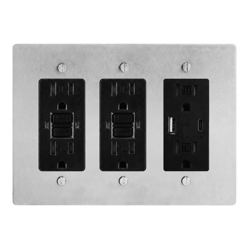 Satin Nickel 3-Gang GFCI Outlet, GFCI Outlet & USB Outlet Switch Plate in Black