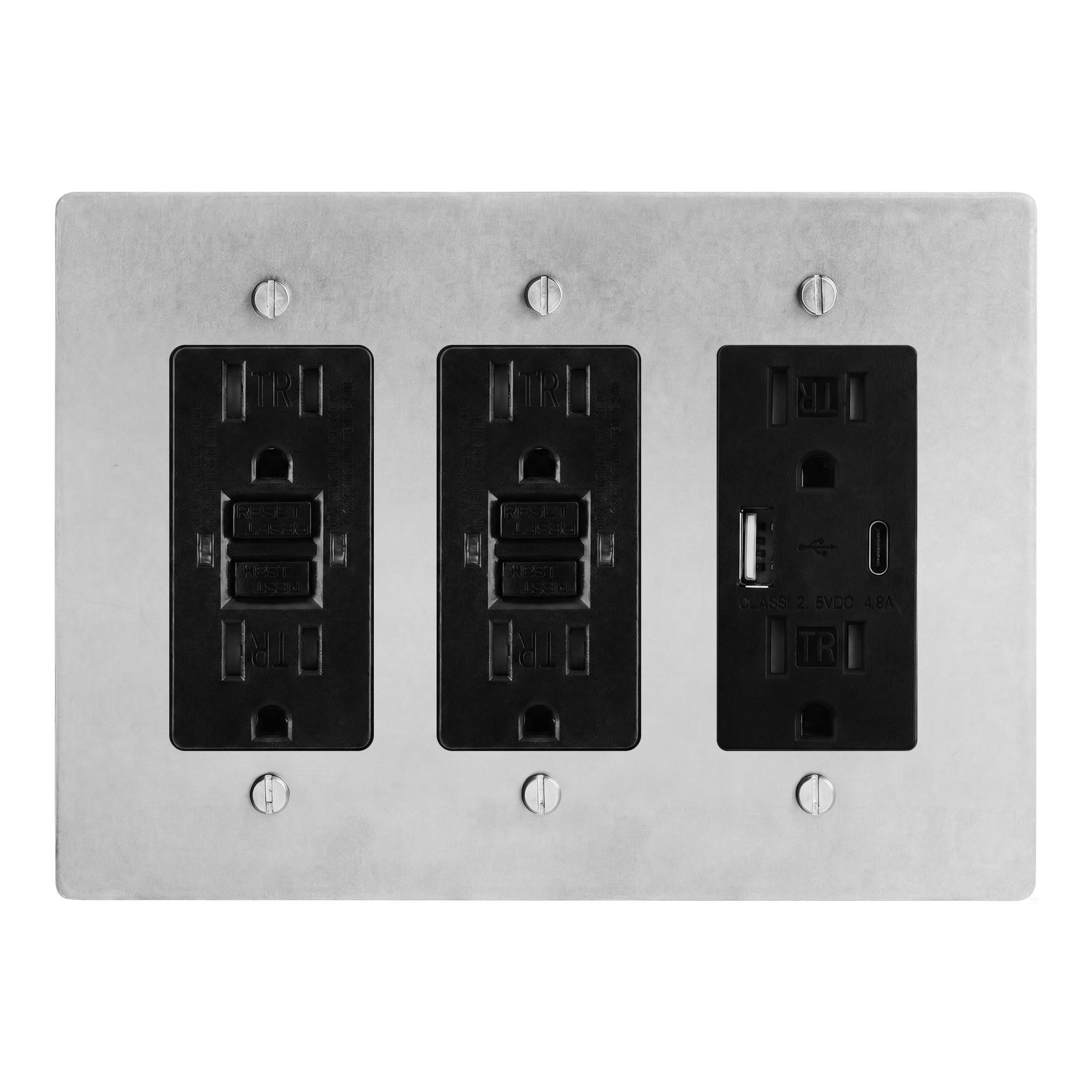 Satin Nickel 3-Gang GFCI Outlet, GFCI Outlet & USB Outlet Switch Plate in Black