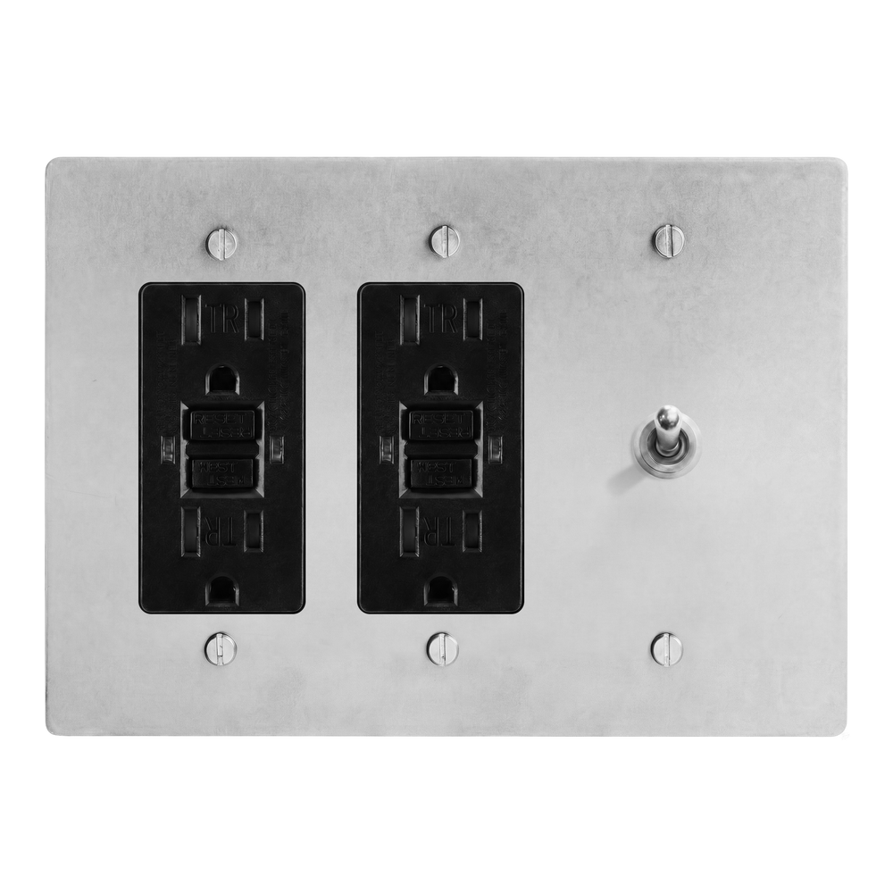 Satin Nickel 3-Gang GFCI Outlet, GFCI Outlet & Vintage Toggle Switch Plate in Black