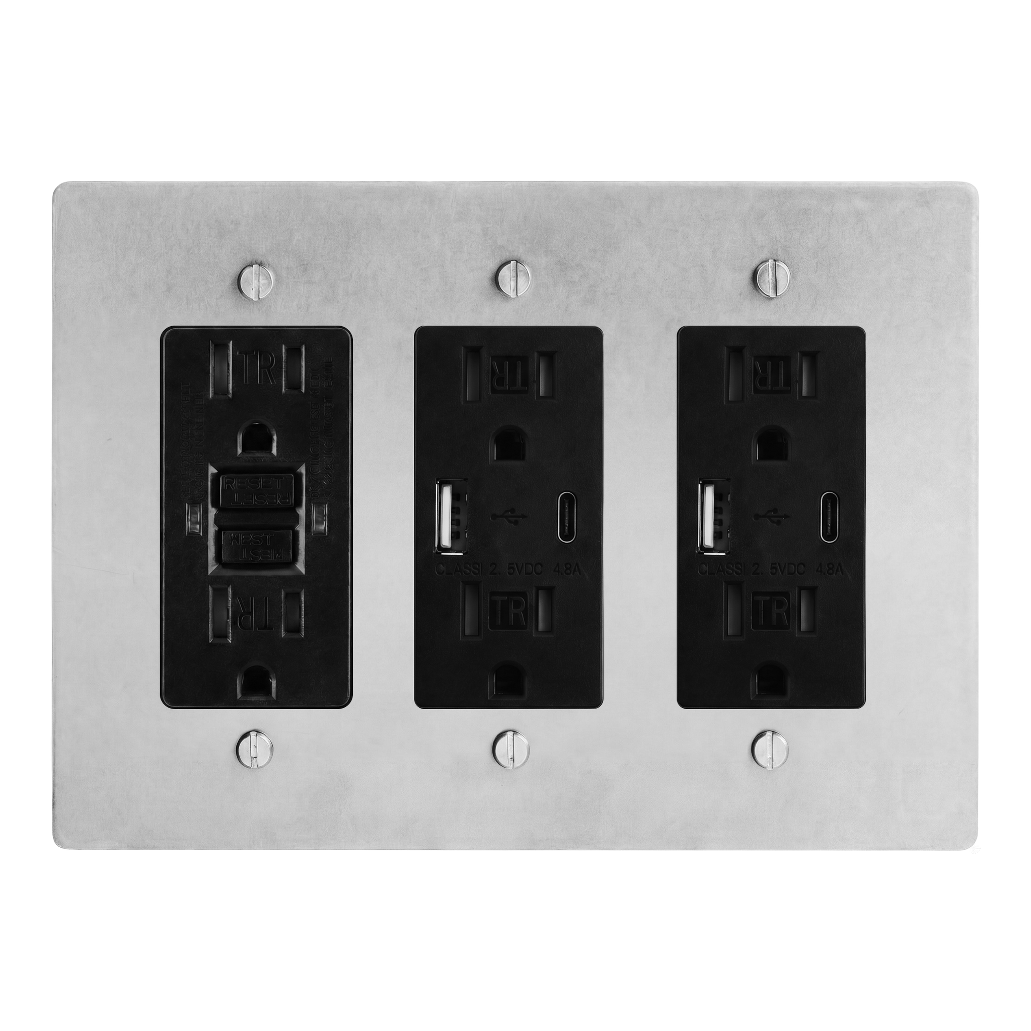 Satin Nickel 3-Gang GFCI Outlet, USB Outlet & USB Outlet Switch Plate in Black