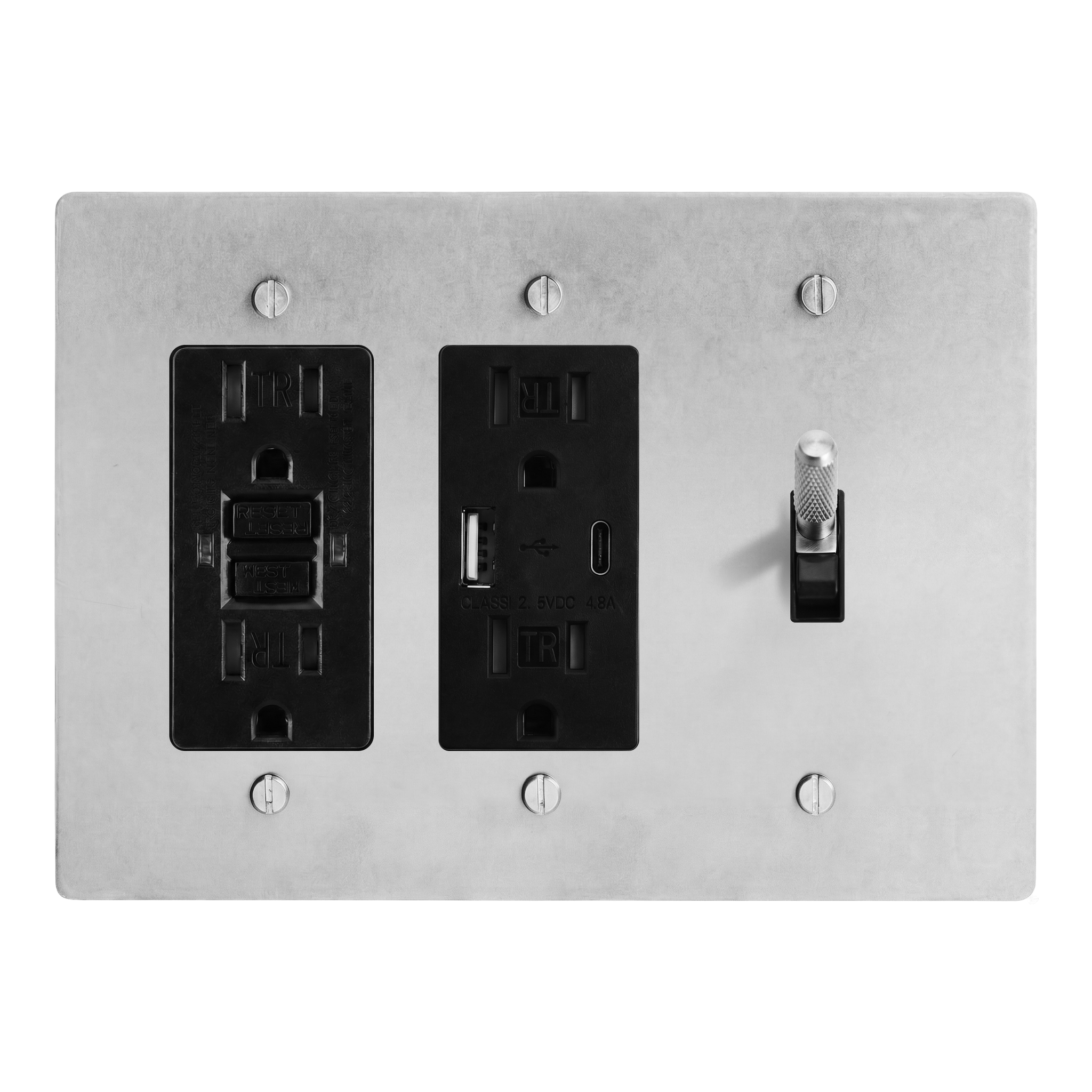 Satin Nickel 3-Gang GFCI Outlet, USB Outlet & Toggle Switch Plate in Black