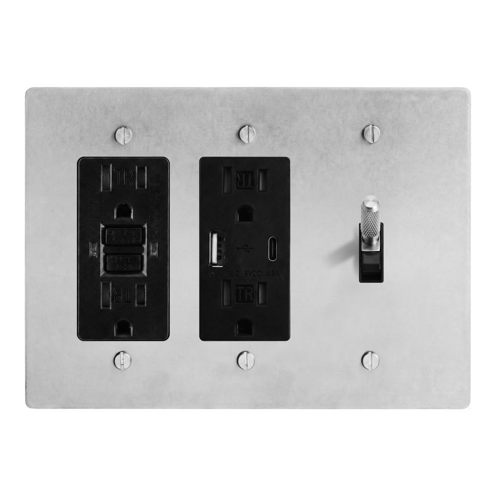 Satin Nickel 3-Gang GFCI Outlet, USB Outlet & Toggle Switch Plate in Black