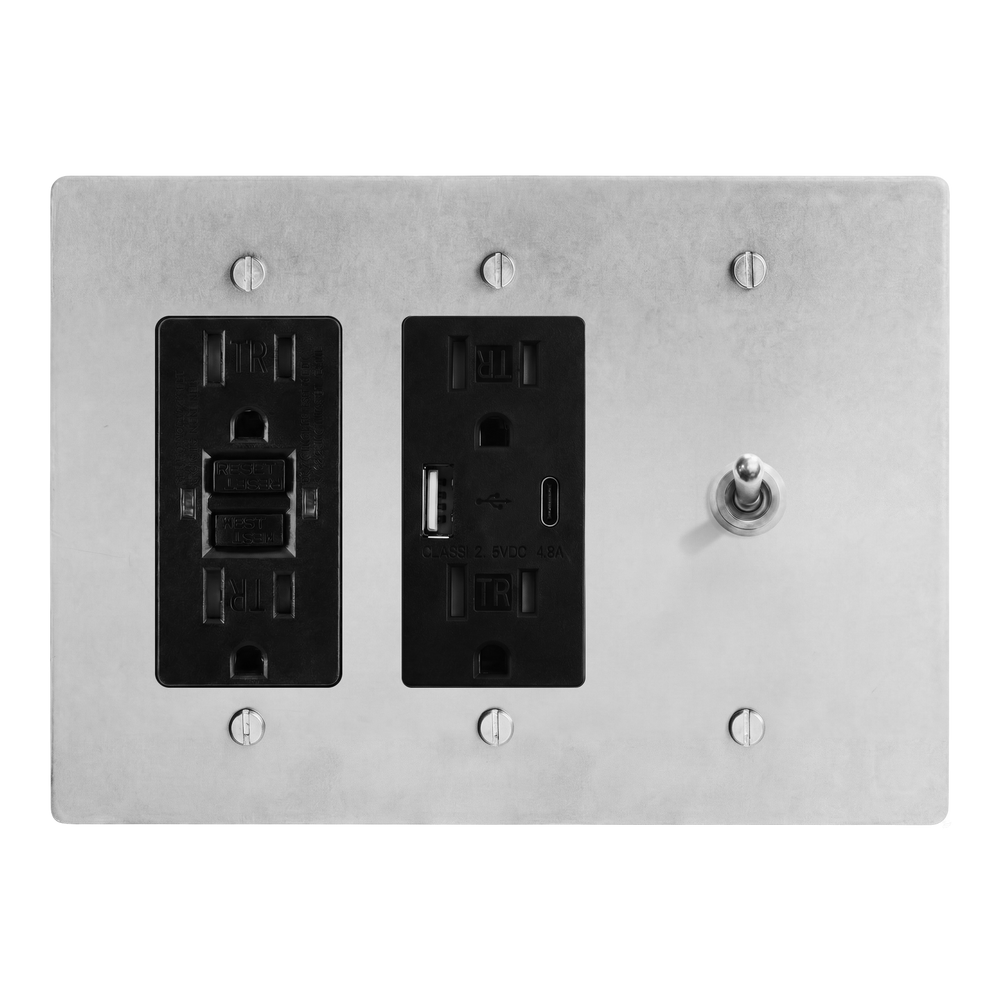 Satin Nickel 3-Gang GFCI Outlet, USB Outlet & Vintage Toggle Switch Plate in Black