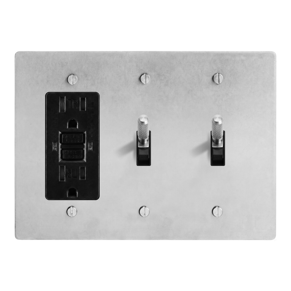 Satin Nickel 3-Gang GFCI Outlet, Toggle & Toggle Switch Plate in Black