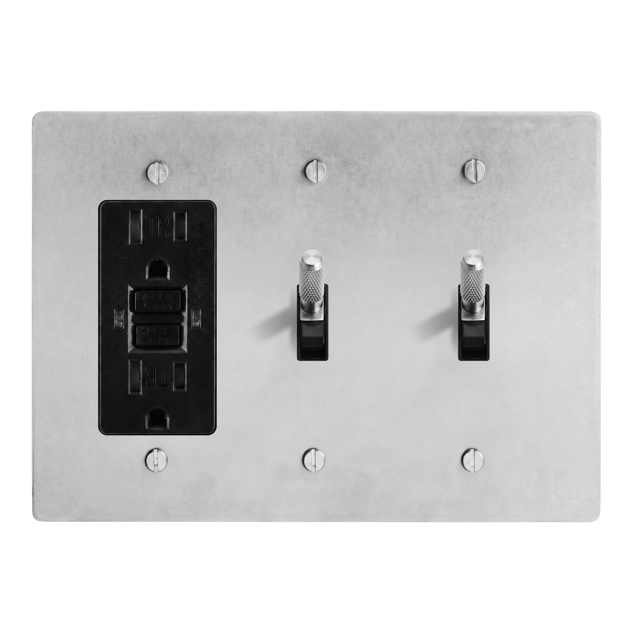 Satin Nickel 3-Gang GFCI Outlet, Toggle & Toggle Switch Plate in Black