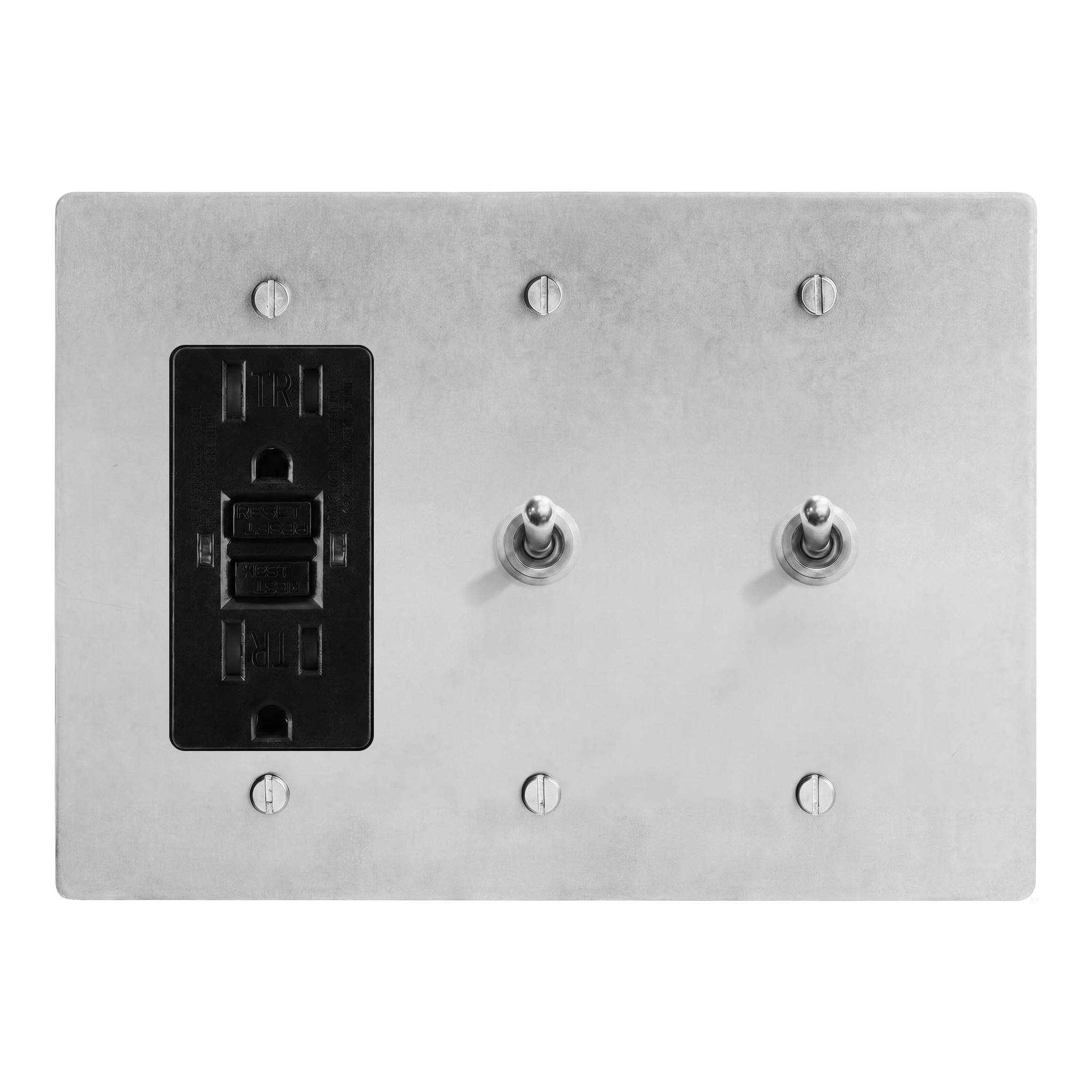 Satin Nickel 3-Gang GFCI Outlet, Vintage Toggle & Vintage Toggle Switch Plate in Black