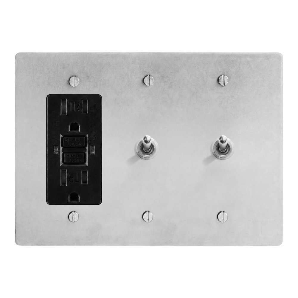 Satin Nickel 3-Gang GFCI Outlet, Vintage Toggle & Vintage Toggle Switch Plate in Black