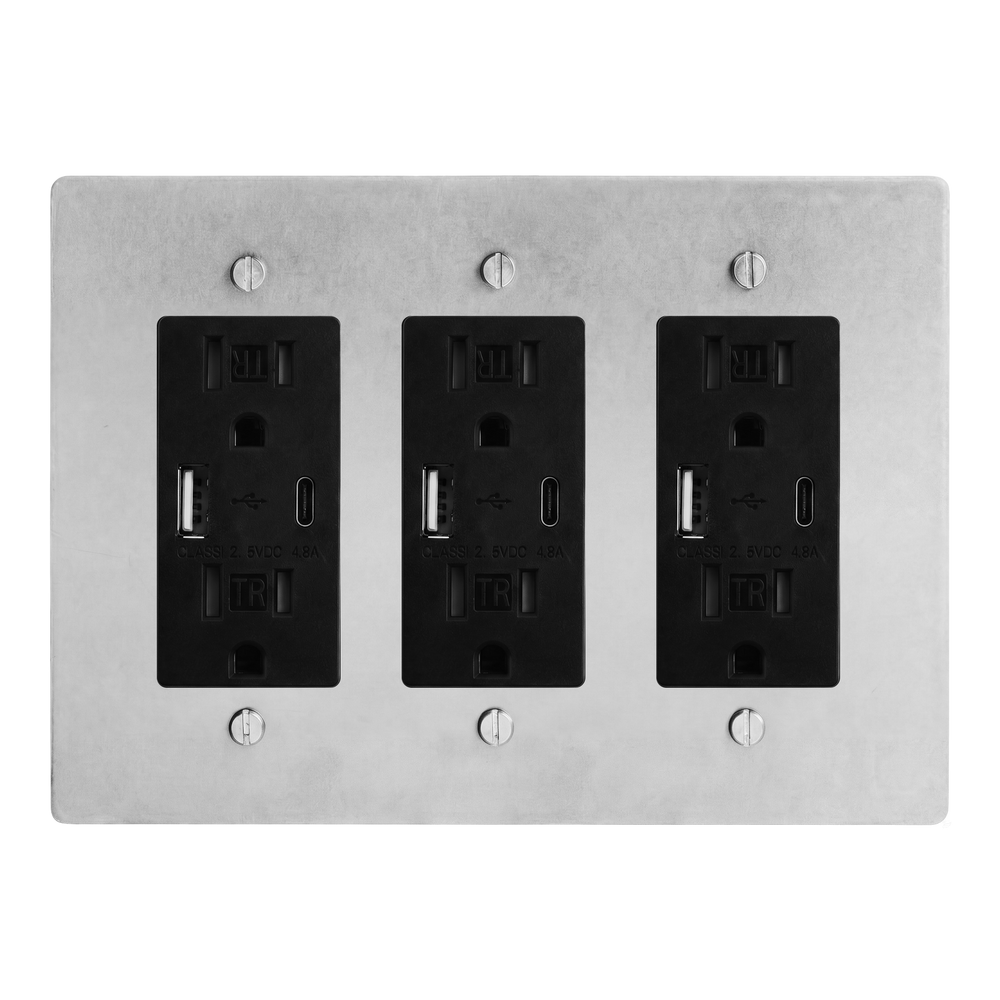 Satin Nickel 3-Gang USB Outlet, USB Outlet & USB Outlet Switch Plate in Black