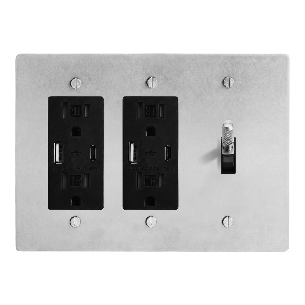 Satin Nickel 3-Gang USB Outlet, USB Outlet & Toggle Switch Plate in Black
