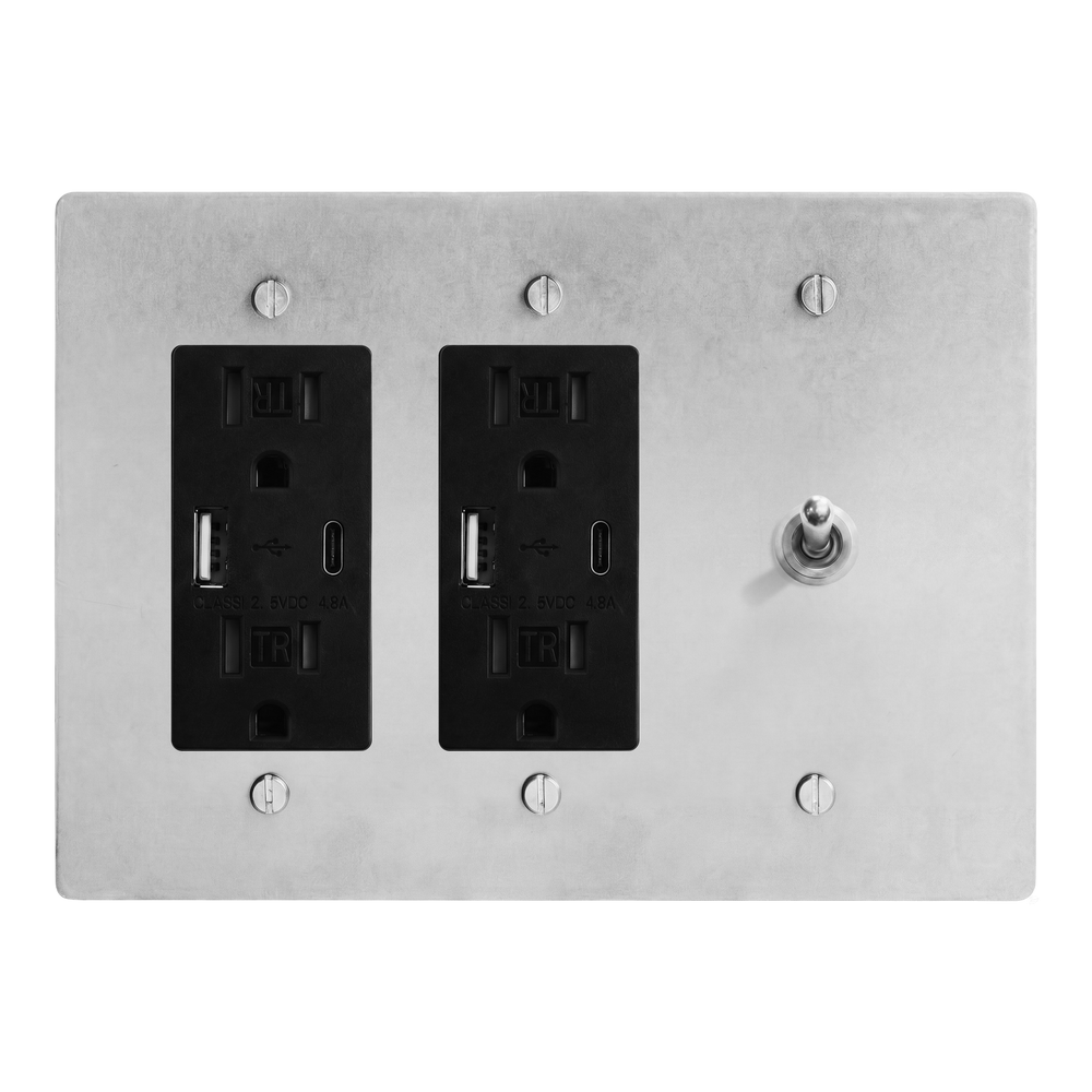 Satin Nickel 3-Gang USB Outlet, USB Outlet & Vintage Toggle Switch Plate in Black