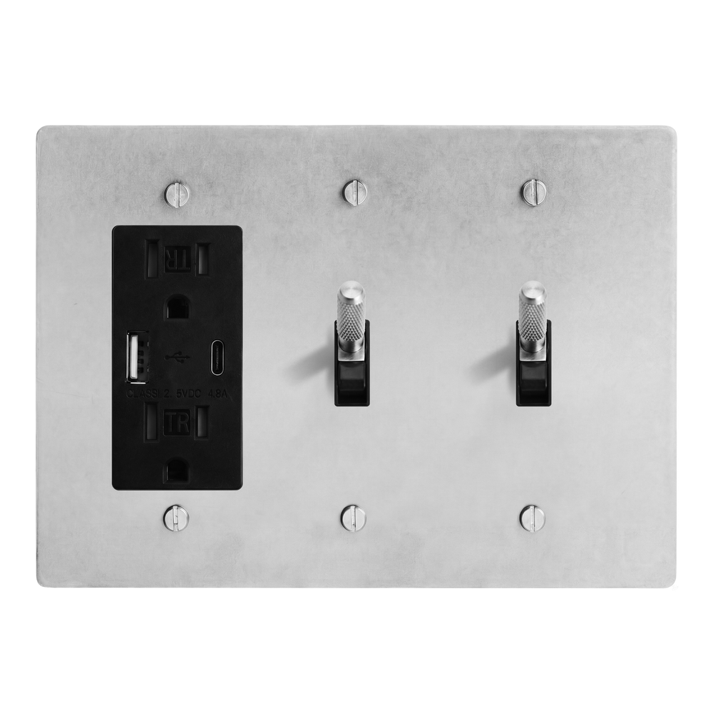 Satin Nickel 3-Gang USB Outlet, Toggle & Toggle Switch Plate in Black