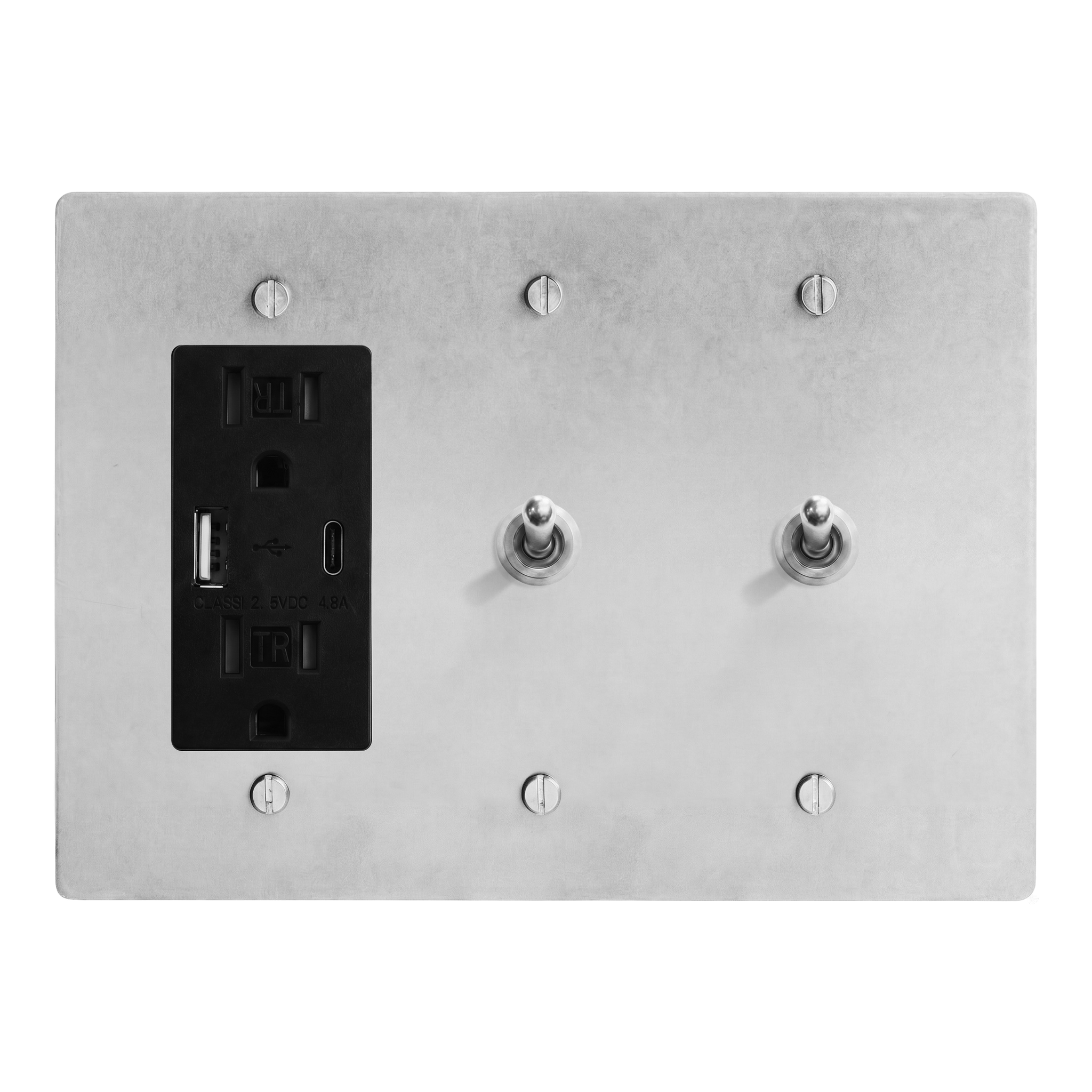 Satin Nickel 3-Gang USB Outlet, Vintage Toggle & Vintage Toggle Switch Plate in Black