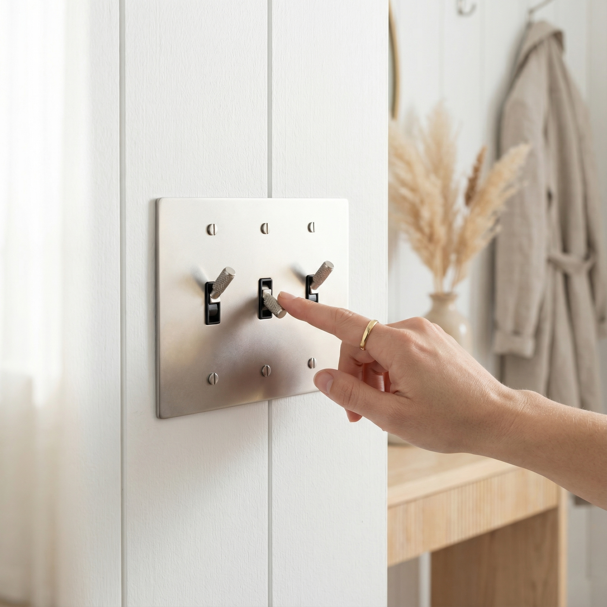 Hand adjusts a satin nickel 3 gang toggle switch plate on a white wall in a calm, luxurious room.