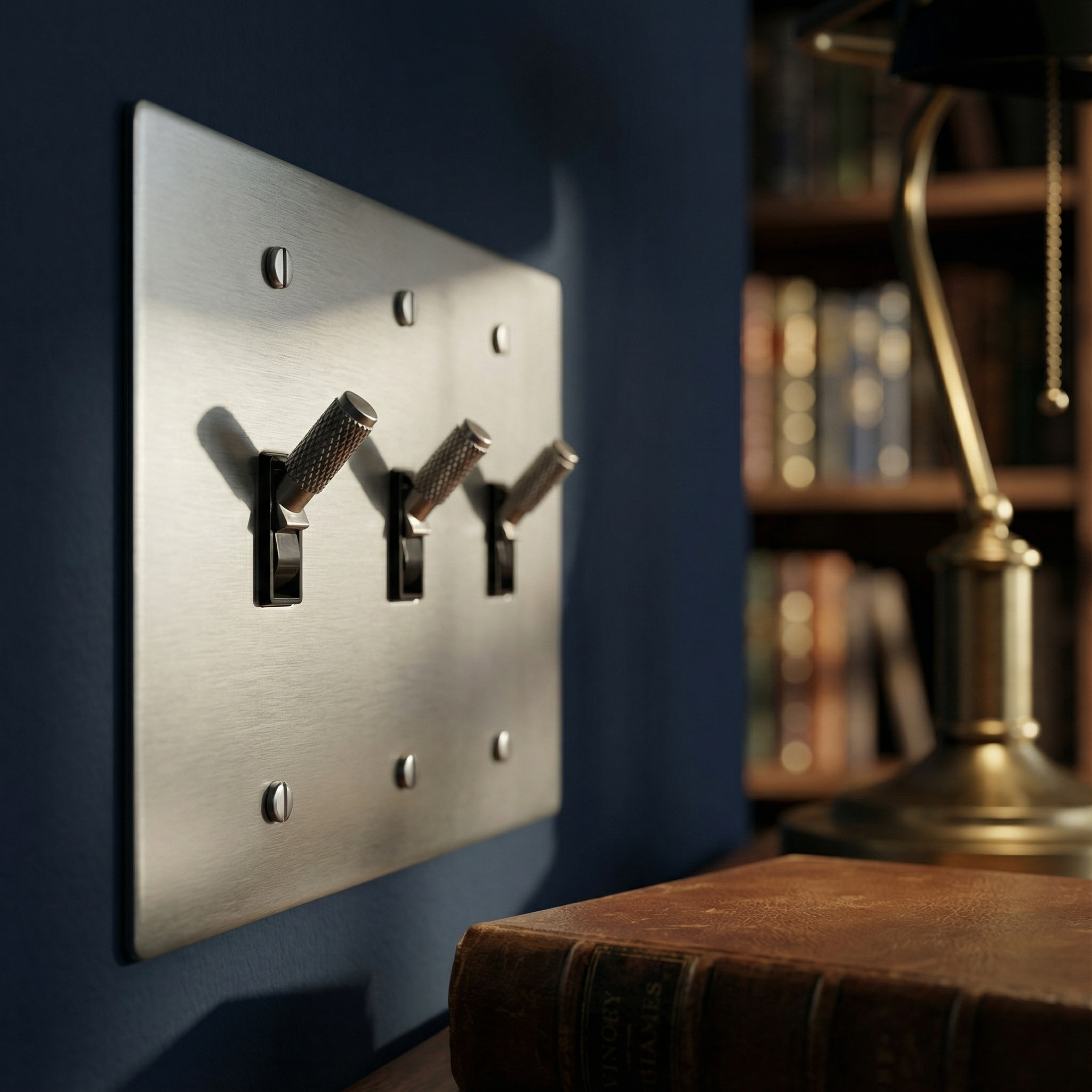 Knurled satin nickel 3 gang toggle switch plate in an elegant study with a brass lamp, for timeless design.
