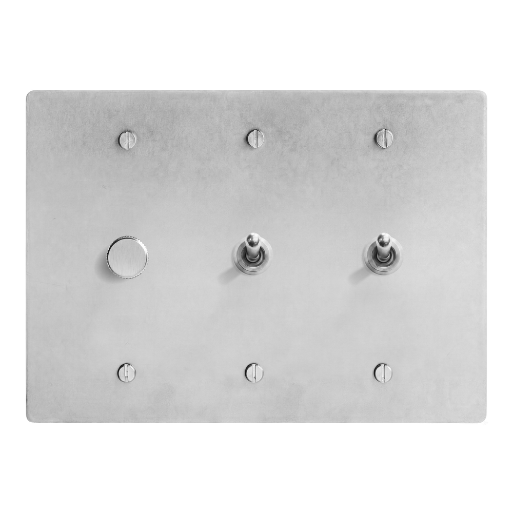 Satin Nickel 3-Gang Dimmer, Vintage Toggle & Vintage Toggle Switch Plate