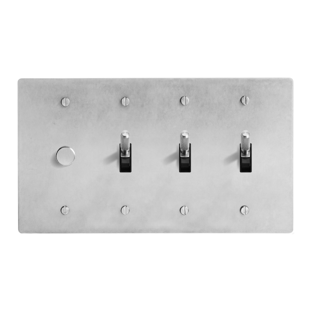 Satin Nickel 4-Gang Dimmer, Toggle, Toggle & Toggle Switch Plate in Black