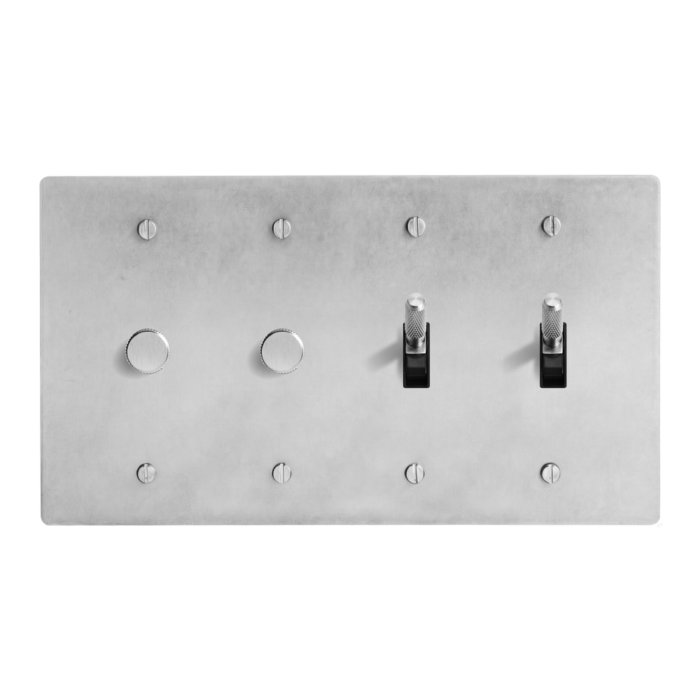 Satin Nickel 4-Gang Dimmer, Dimmer, Toggle & Toggle Switch Plate in Black
