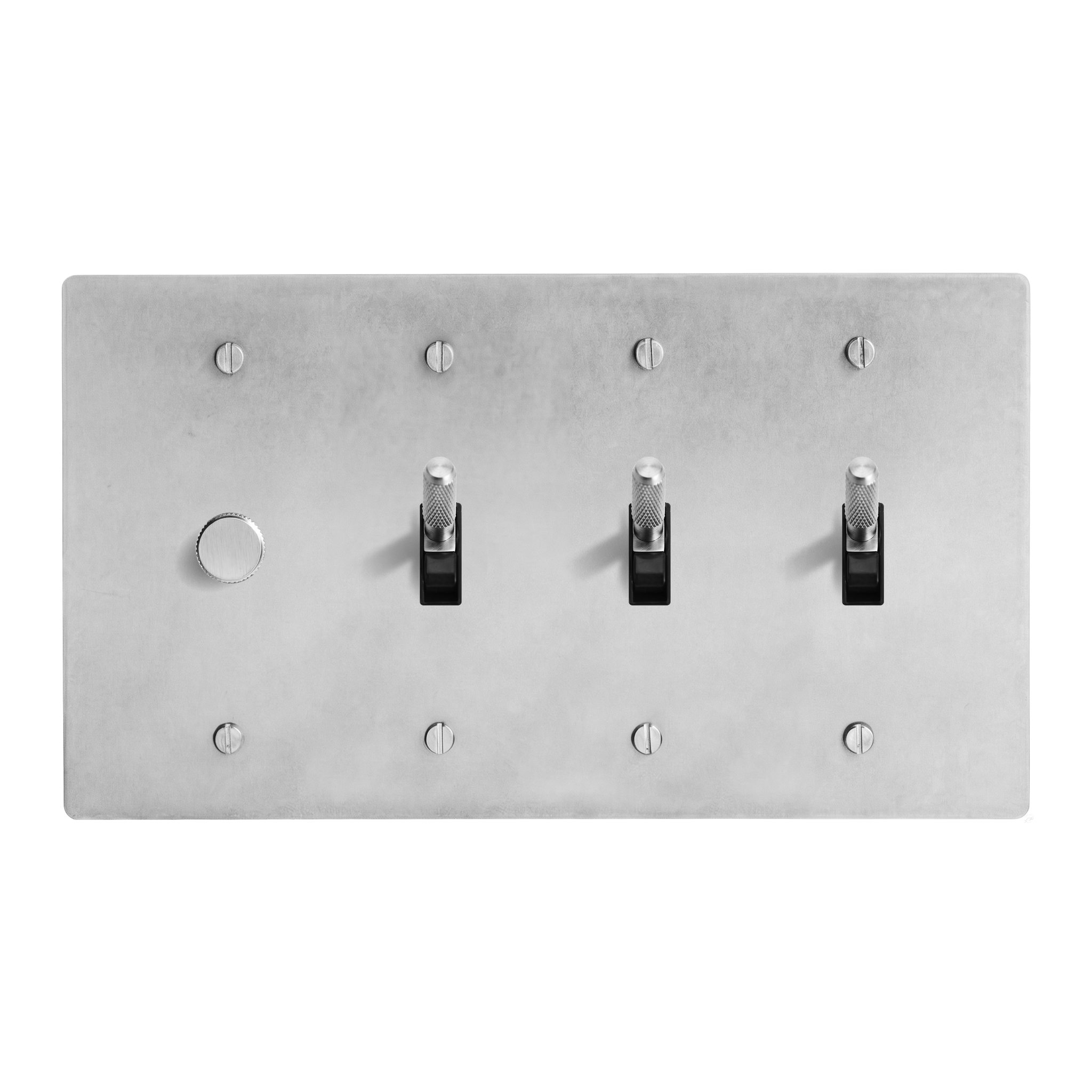 Satin Nickel 4-Gang Dimmer, Toggle, Toggle & Toggle Switch Plate in Black