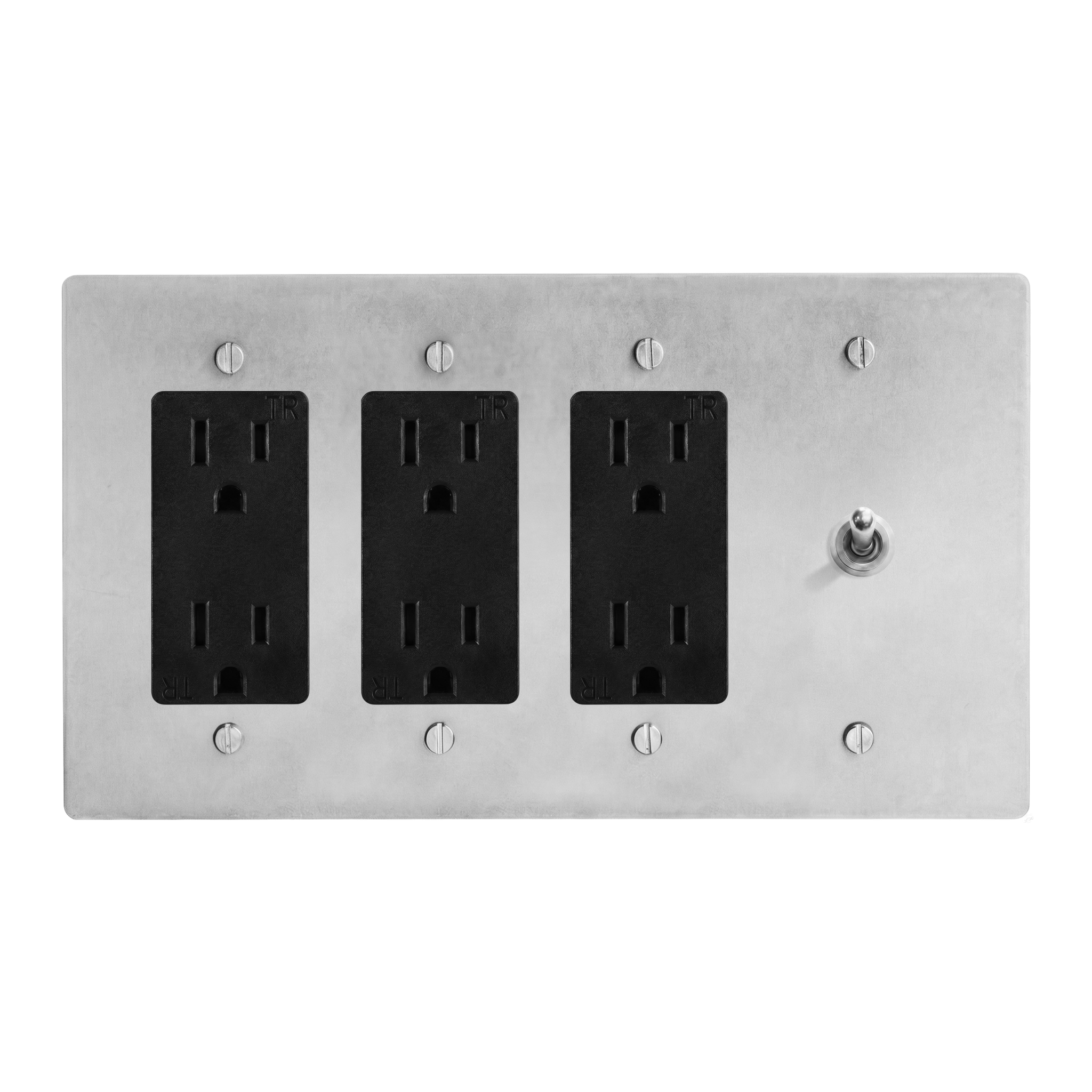 Satin Nickel 4-Gang Duplex Outlet, Duplex Outlet, Duplex Outlet & Vintage Toggle Switch Plate in Black