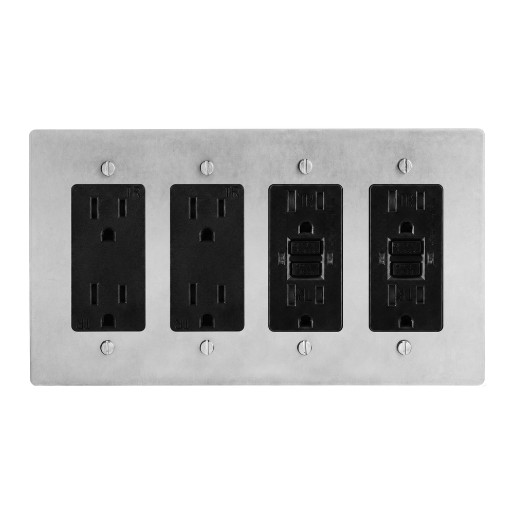 Satin Nickel 4-Gang Duplex Outlet, Duplex Outlet, GFCI Outlet & GFCI Outlet Switch Plate in Black