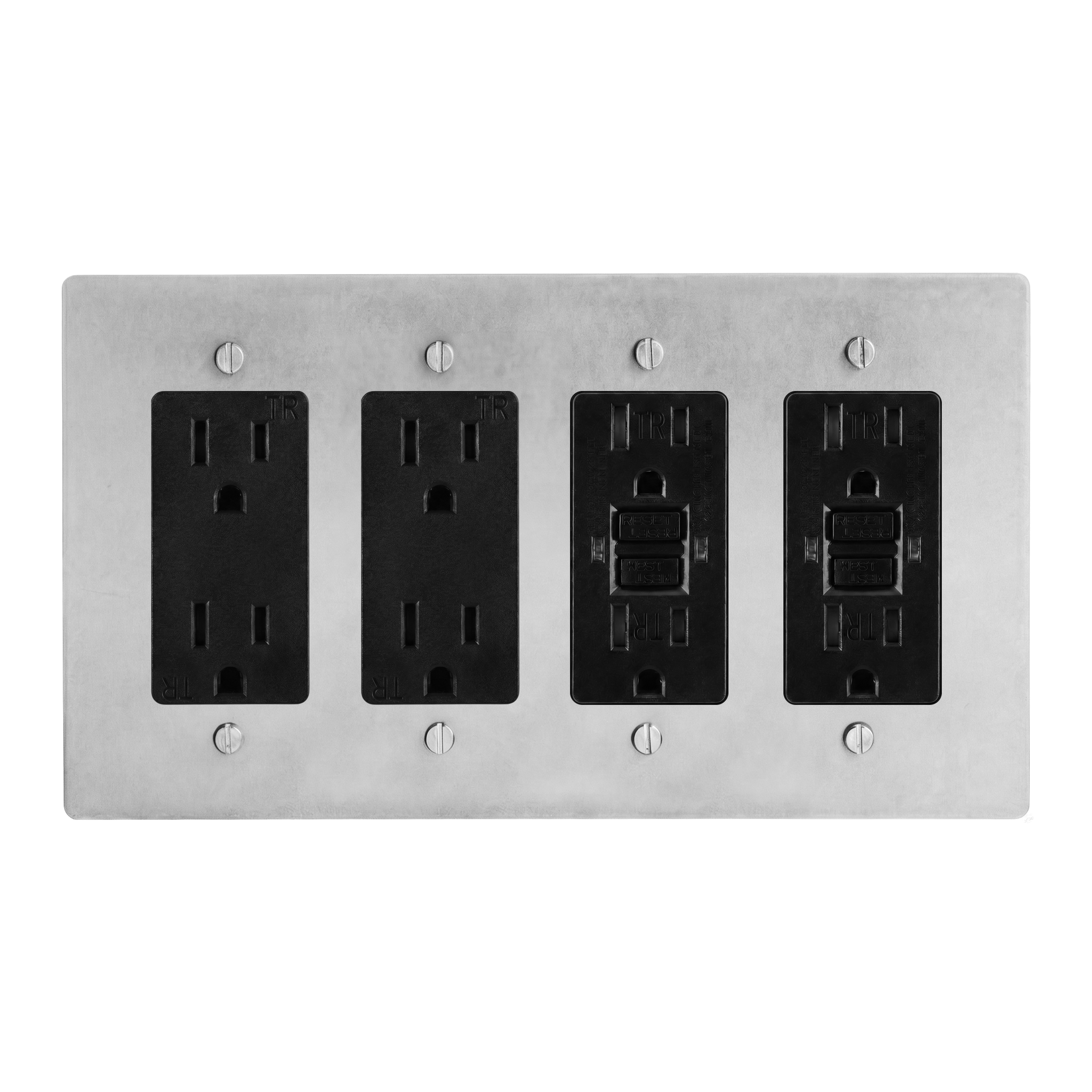 Satin Nickel 4-Gang Duplex Outlet, Duplex Outlet, GFCI Outlet & GFCI Outlet Switch Plate in Black