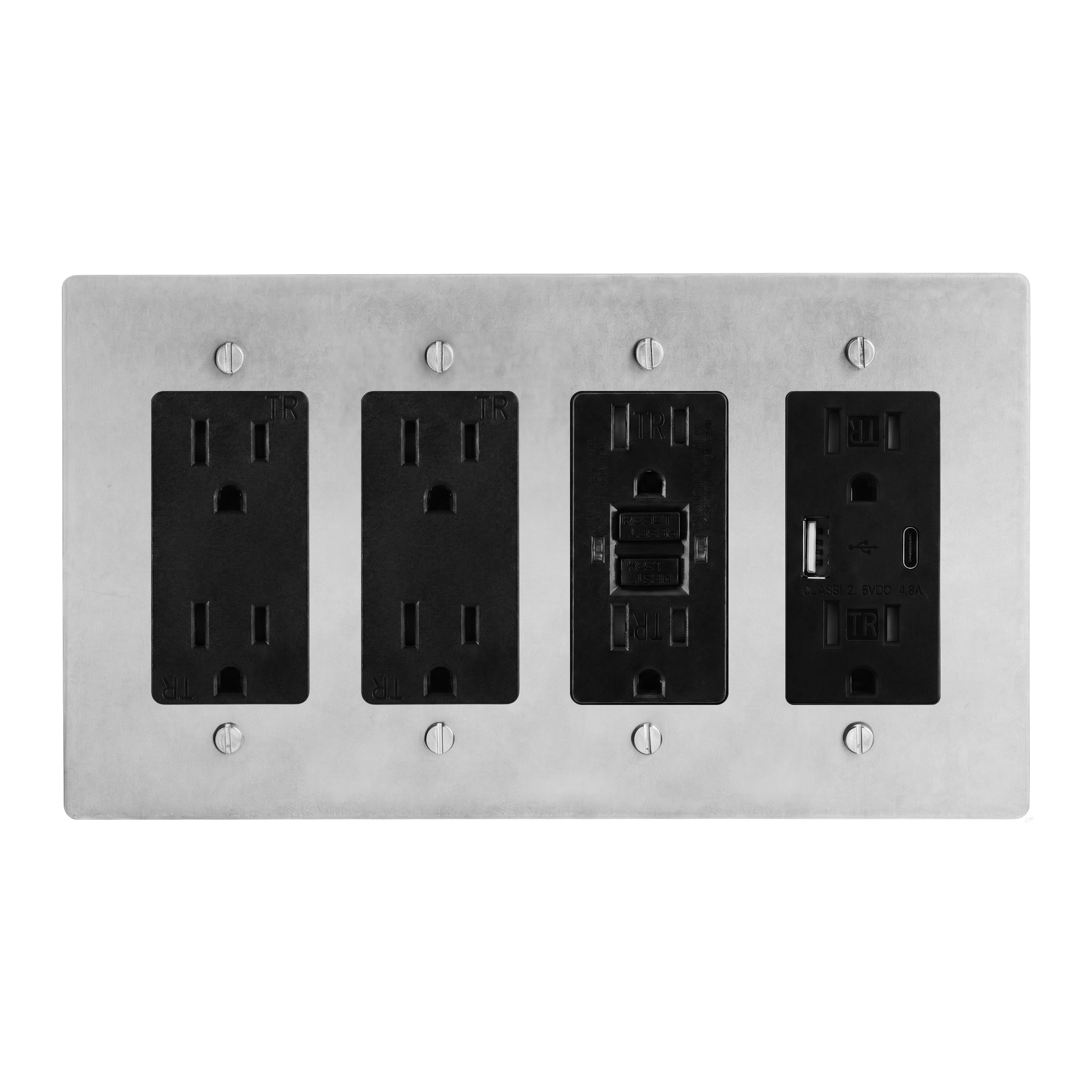Satin Nickel 4-Gang Duplex Outlet, Duplex Outlet, GFCI Outlet & USB Outlet Switch Plate in Black