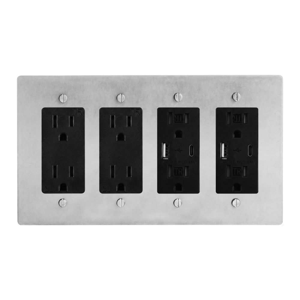 Satin Nickel 4-Gang Duplex Outlet, Duplex Outlet, USB Outlet & USB Outlet Switch Plate in Black