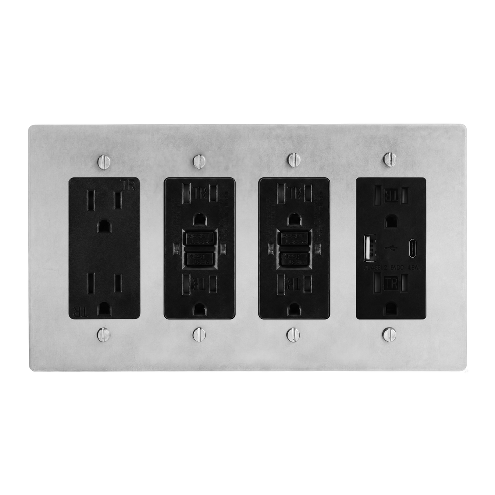 Satin Nickel 4-Gang Duplex Outlet, GFCI Outlet, GFCI Outlet & USB Outlet Switch Plate in Black