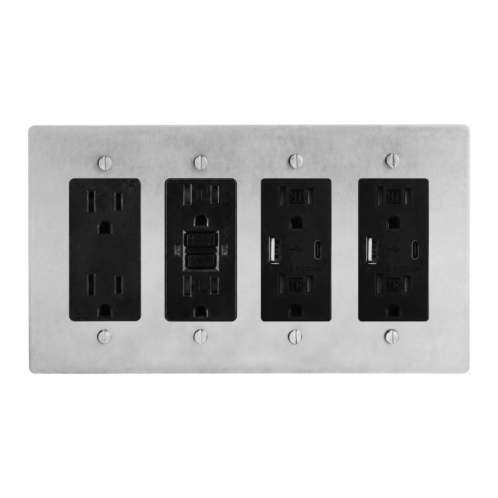 Satin Nickel 4-Gang Duplex Outlet, GFCI Outlet, USB Outlet & USB Outlet Switch Plate in Black