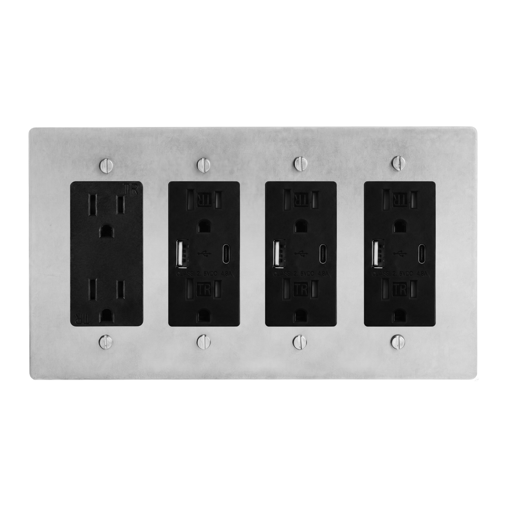 Satin Nickel 4-Gang Duplex Outlet, USB Outlet, USB Outlet & USB Outlet Switch Plate in Black