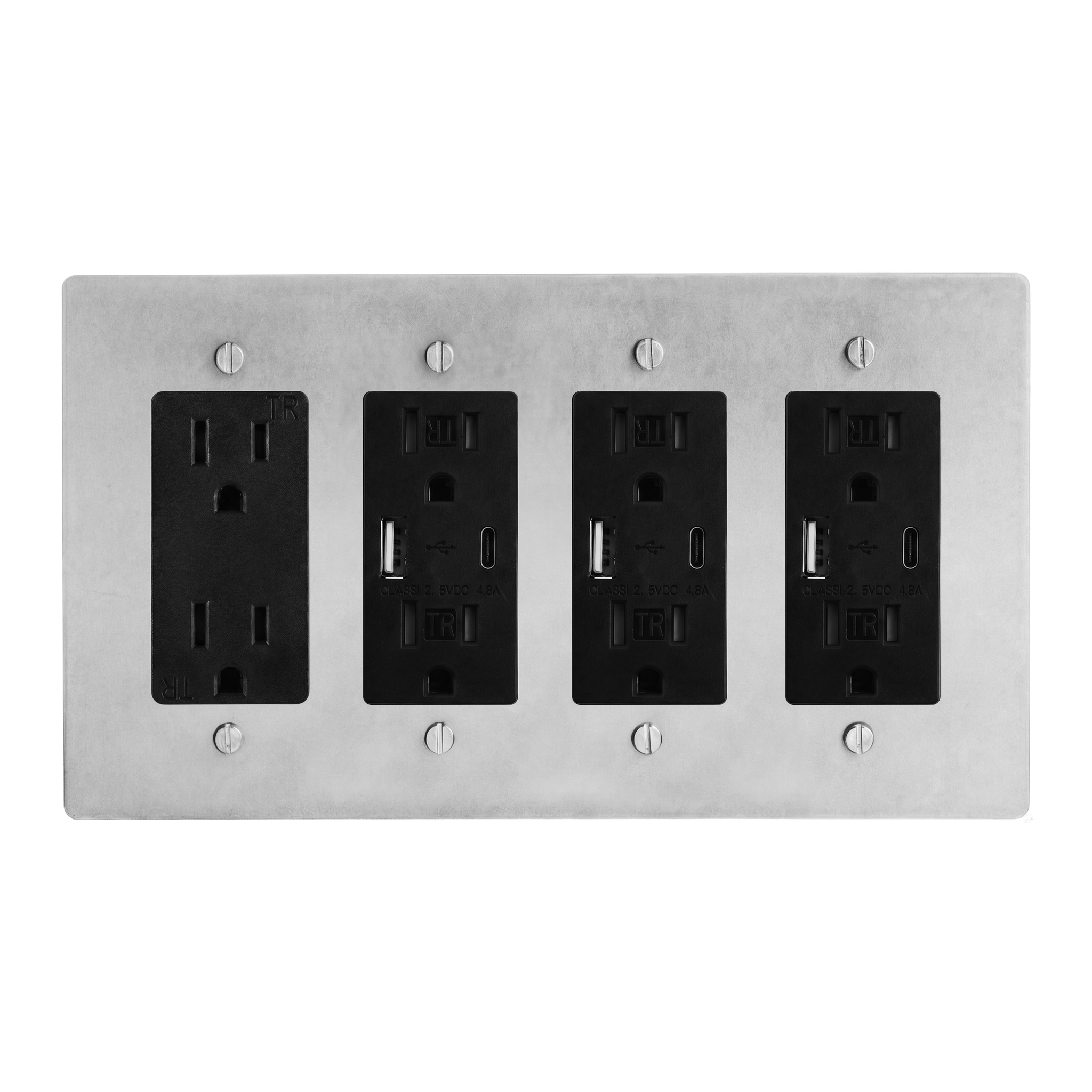 Satin Nickel 4-Gang Duplex Outlet, USB Outlet, USB Outlet & USB Outlet Switch Plate in Black