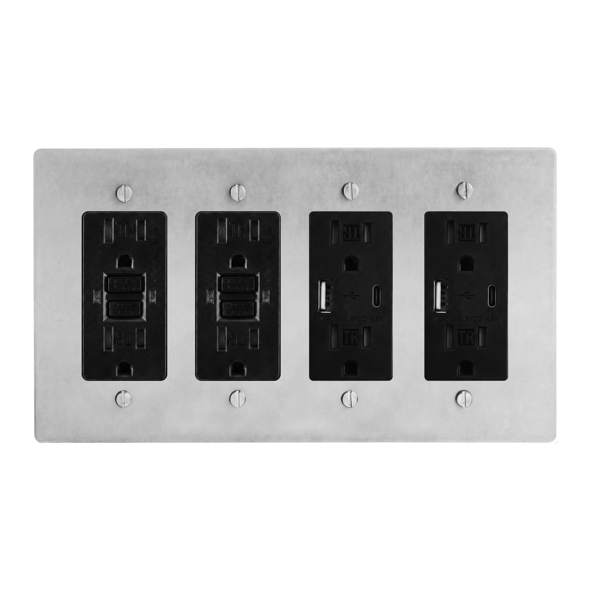Satin Nickel 4-Gang GFCI Outlet, GFCI Outlet, USB Outlet & USB Outlet Switch Plate in Black