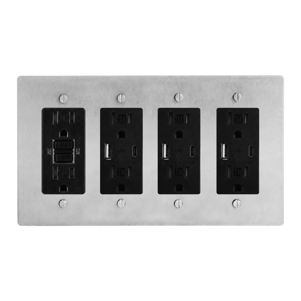 Satin Nickel 4-Gang GFCI Outlet, USB Outlet, USB Outlet & USB Outlet Switch Plate in Black