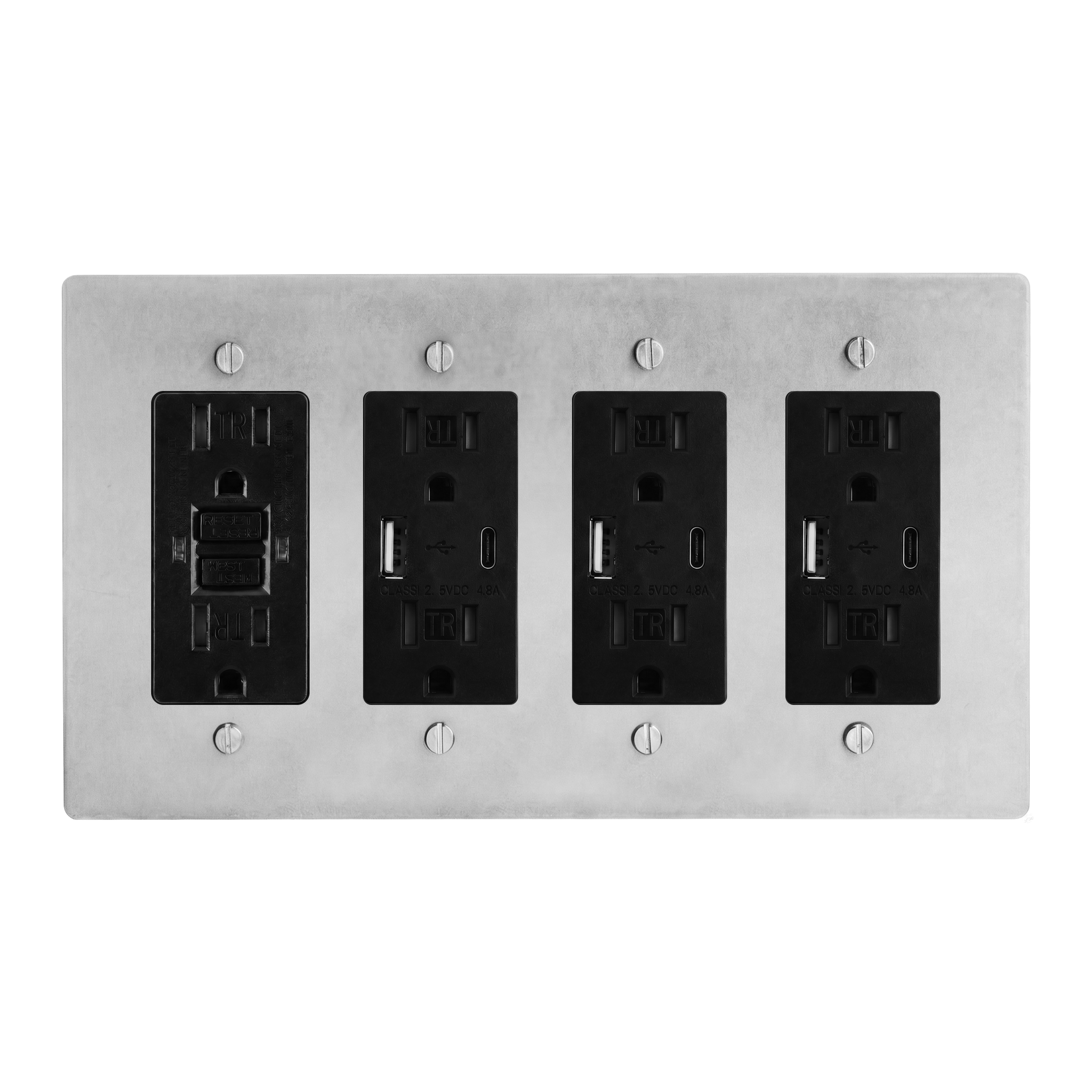 Satin Nickel 4-Gang GFCI Outlet, USB Outlet, USB Outlet & USB Outlet Switch Plate in Black