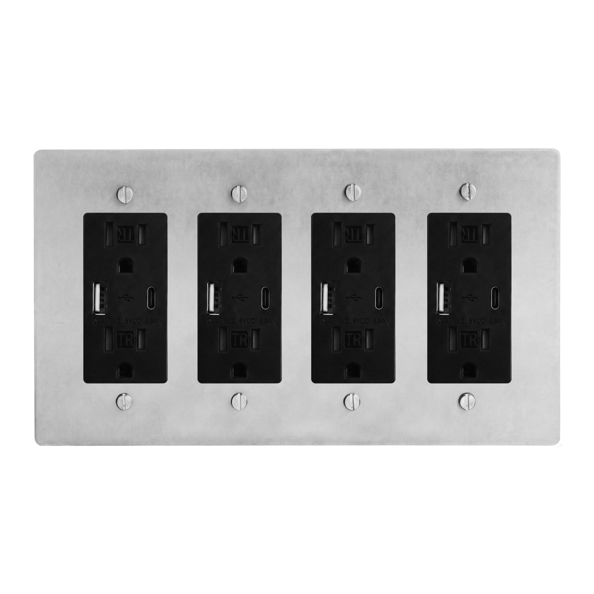 Satin Nickel 4-Gang USB Outlet, USB Outlet, USB Outlet & USB Outlet Switch Plate in Black