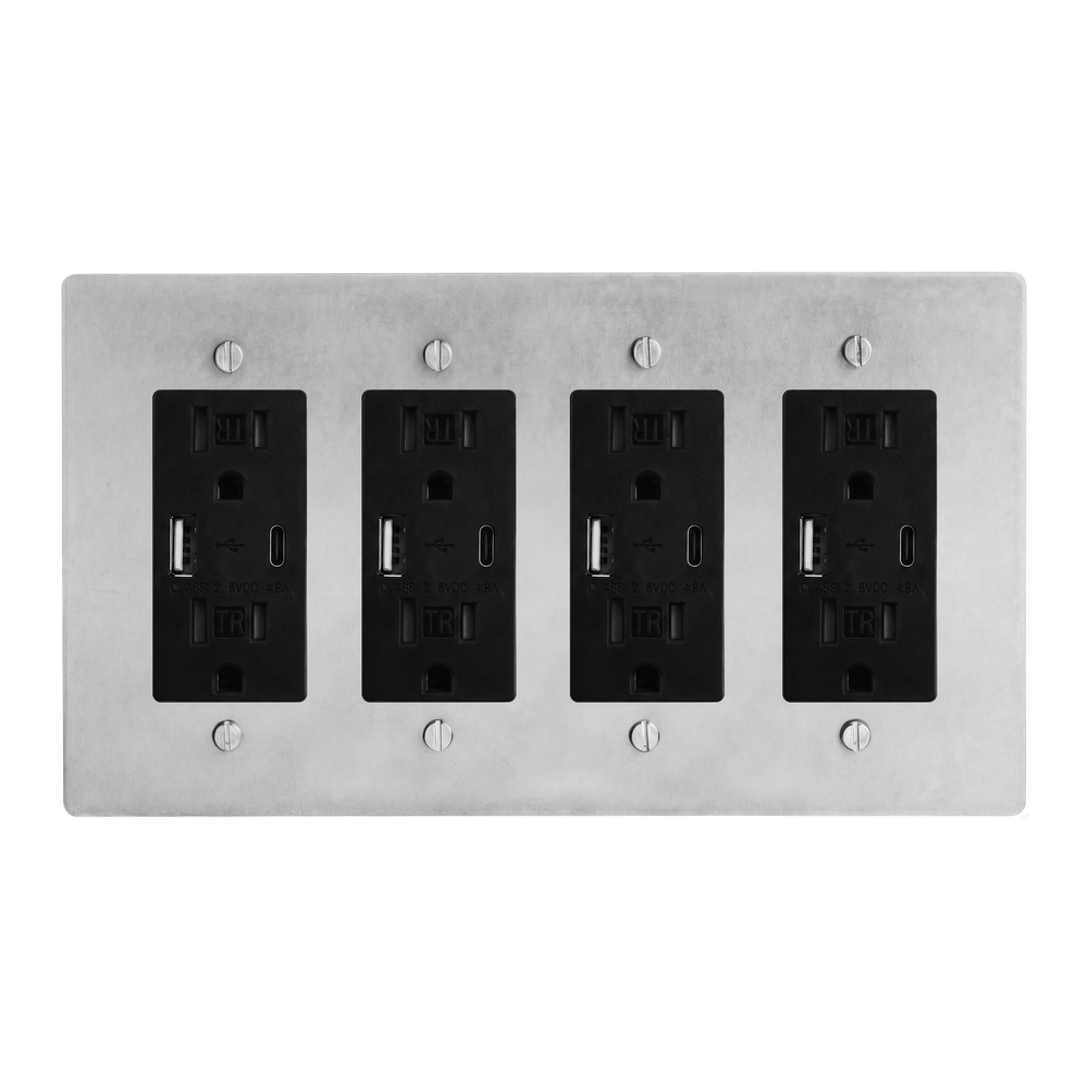 Satin Nickel 4-Gang USB Outlet, USB Outlet, USB Outlet & USB Outlet Switch Plate in Black