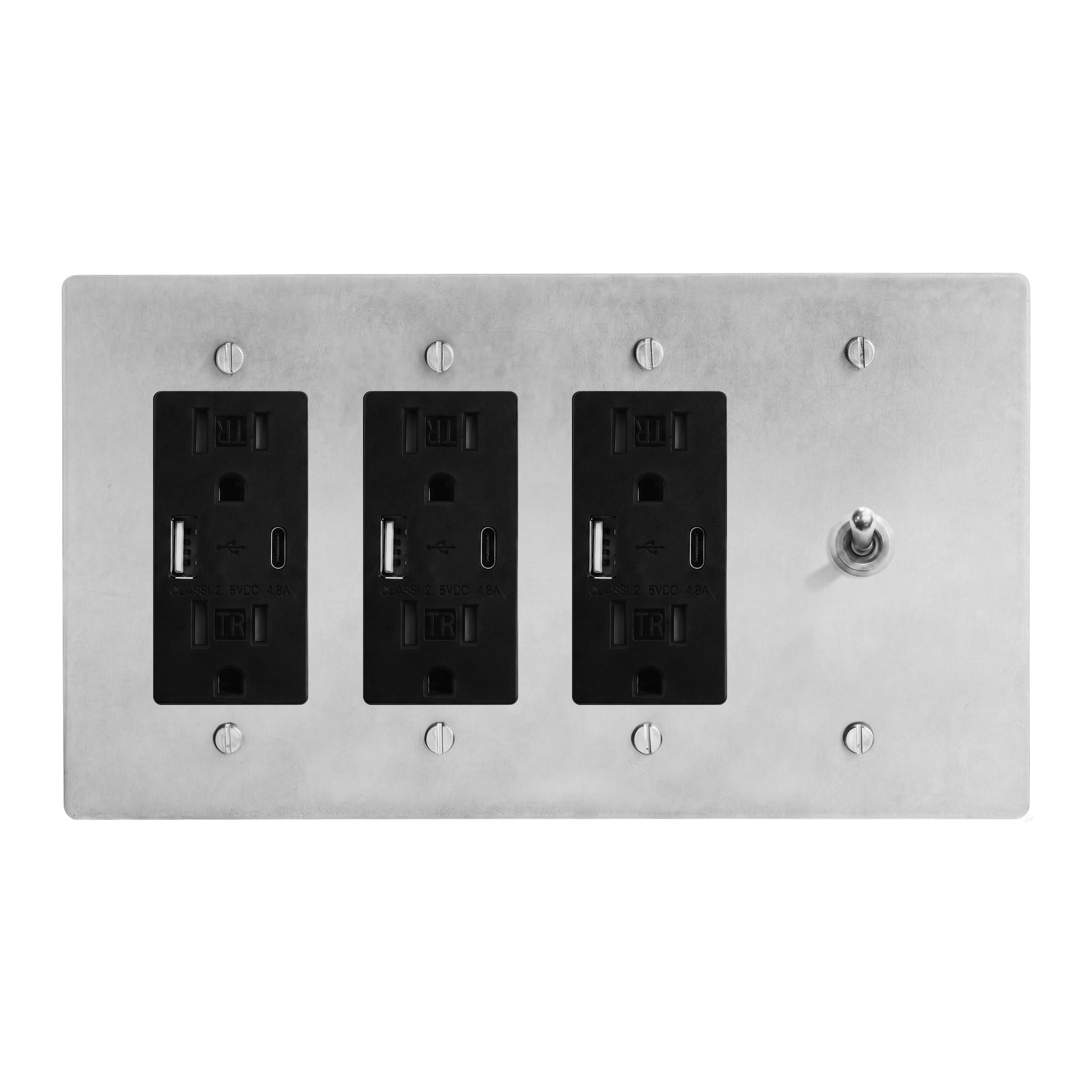 Satin Nickel 4-Gang USB Outlet, USB Outlet, USB Outlet & Vintage Toggle Switch Plate in Black