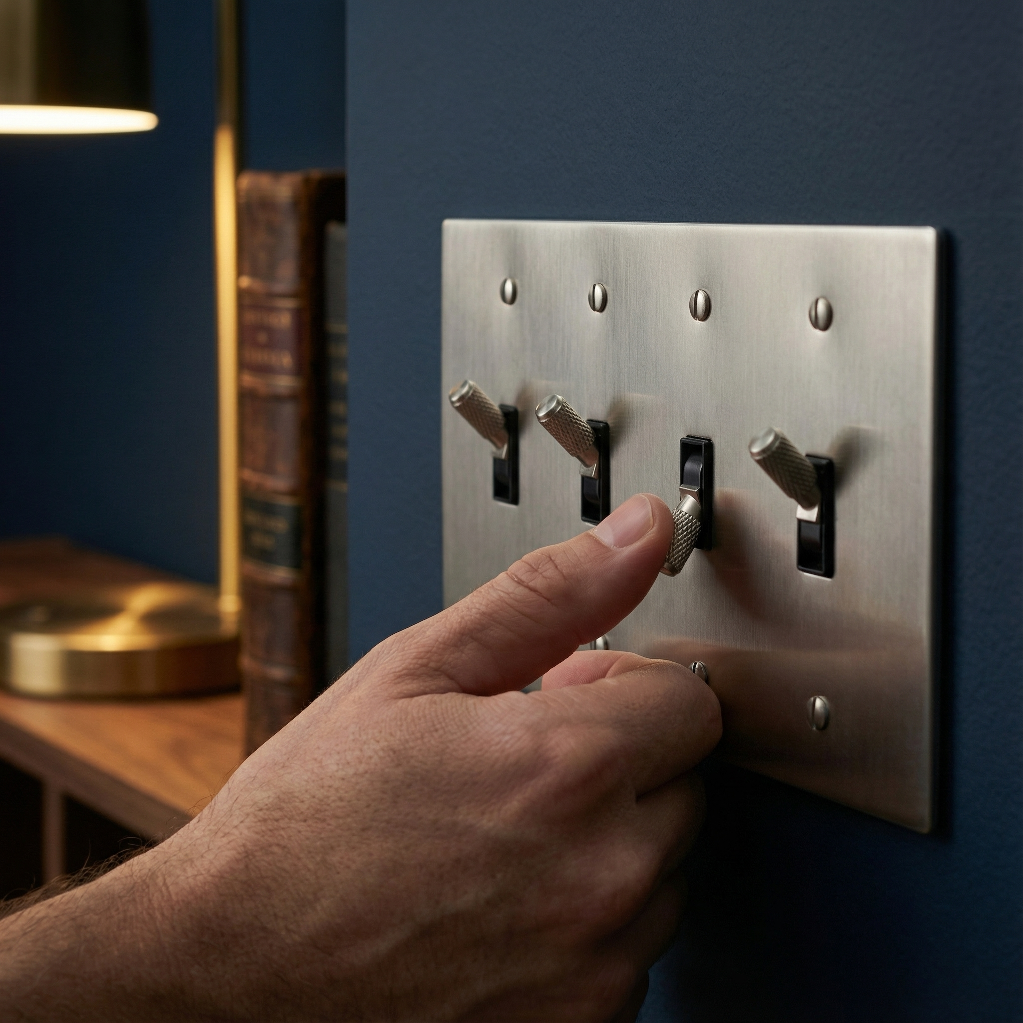 Hand adjusts a satin nickel 4 gang toggle switch plate, highlighting its knurled toggles and elegant design on a deep blue wall.