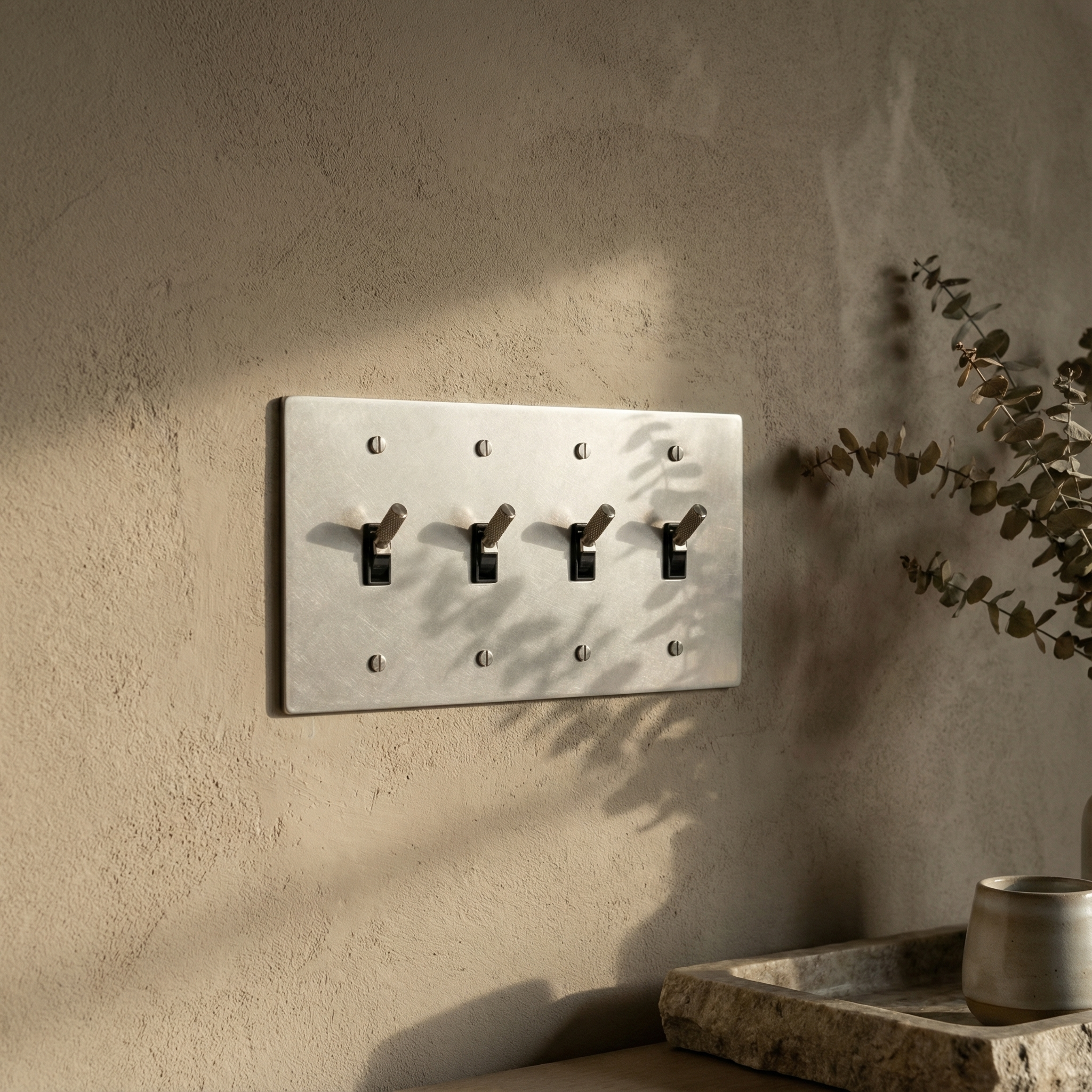 Elegant satin nickel 4 gang toggle switch plate with knurled toggles, a permanent detail on a luxurious textured wall.