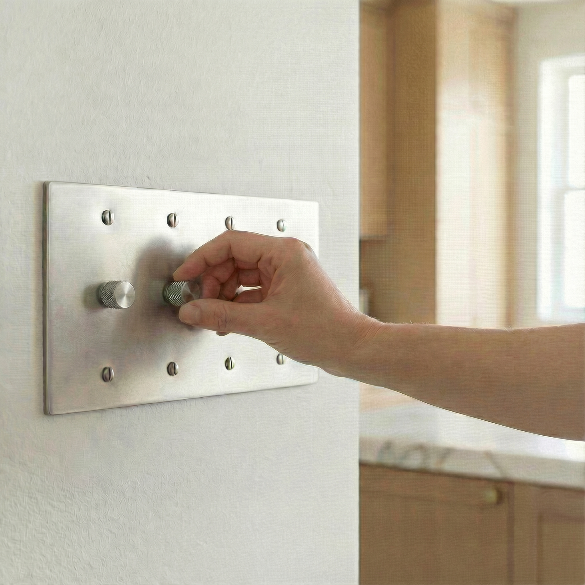 A hand adjusts a satin nickel 4 gang dimmer switch plate, showcasing timeless craftsmanship in a refined interior.