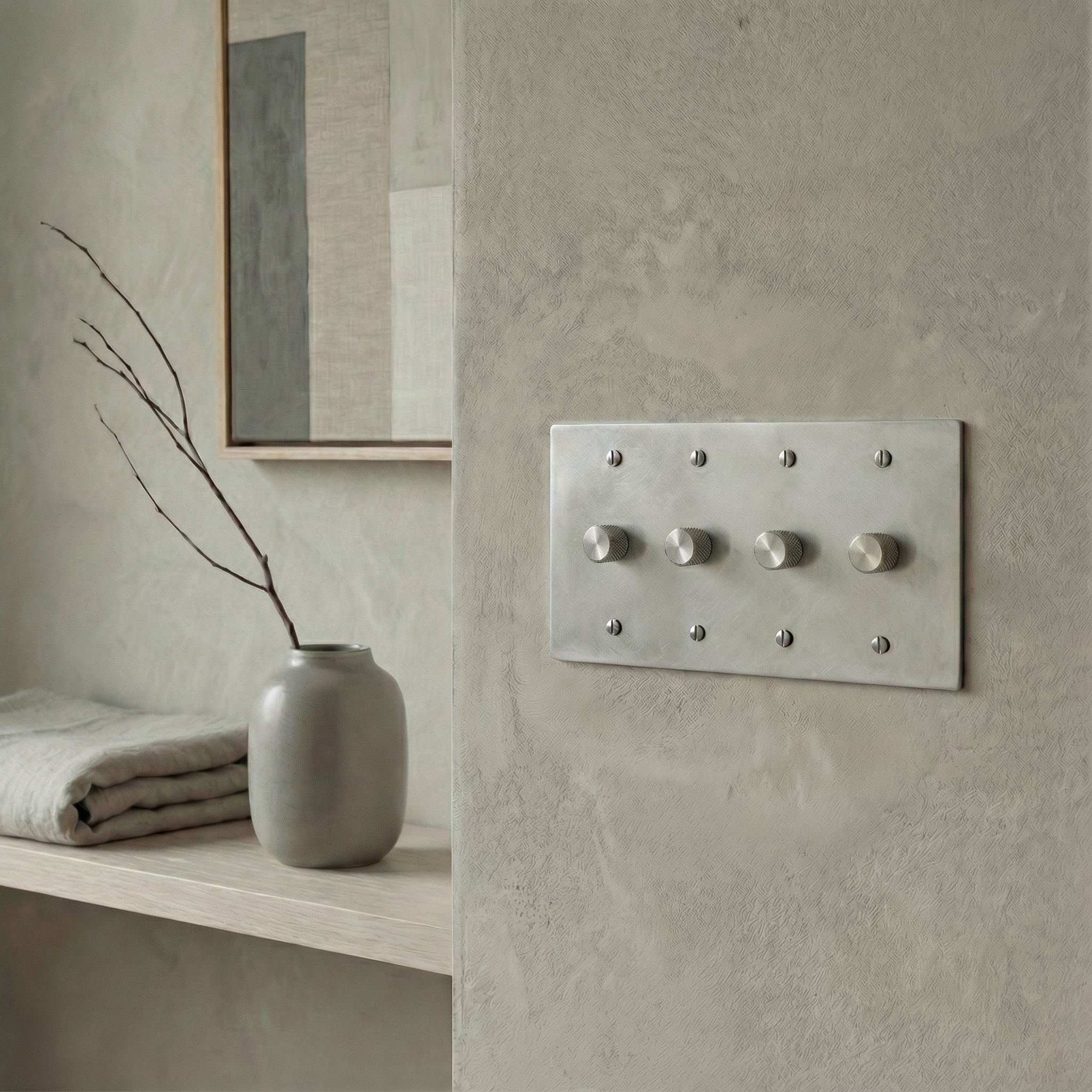 A sophisticated satin nickel 4 gang dimmer switch plate adds tactile elegance to a serene, textured room.