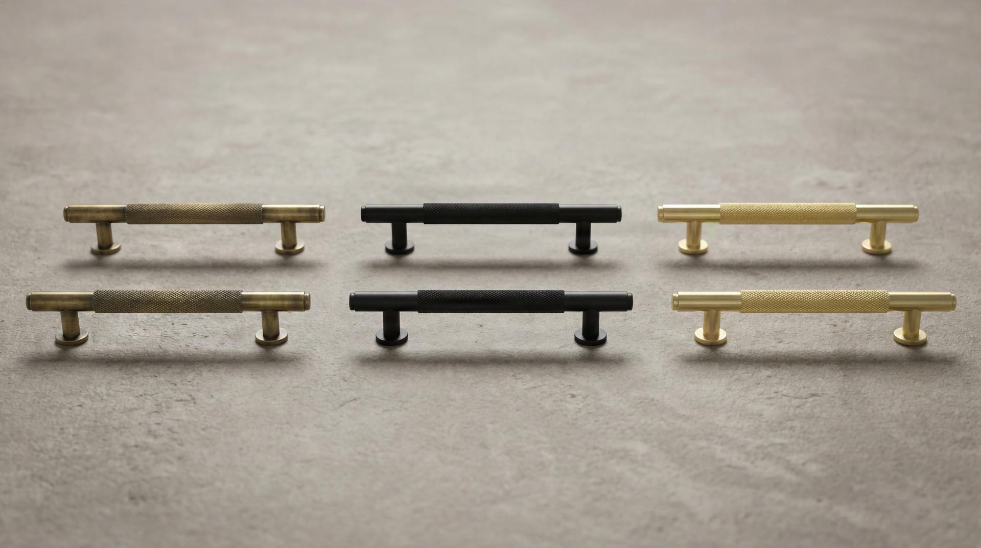 Six Short Door Pulls (Forte): aged brass, matte black, and satin brass, featuring knurled grips, showcasing enduring craftsmanship.