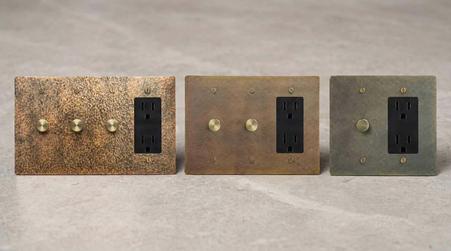 Single Pole Dimmer Outlets in satin brass, satin nickel, aged brass, antique brass, and matte black, all with knurled knobs.