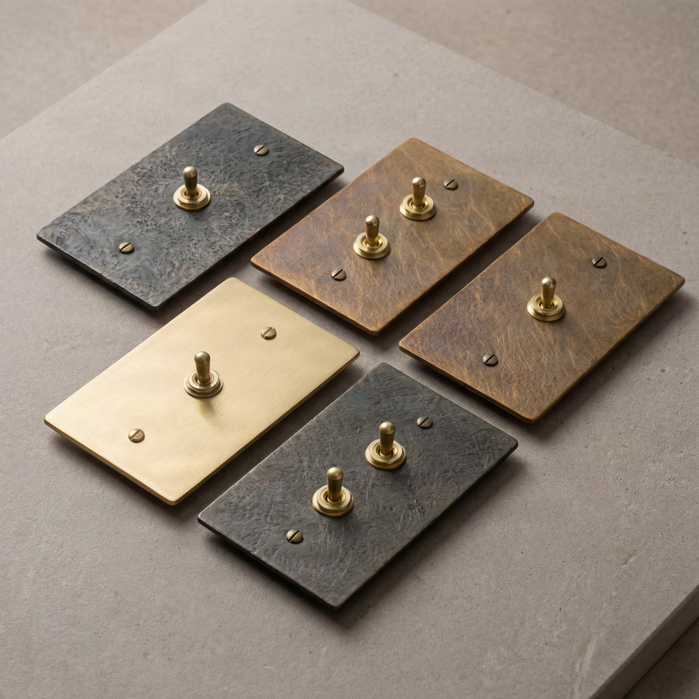 Heirloom-quality brass toggle switches, unique patinas and textures