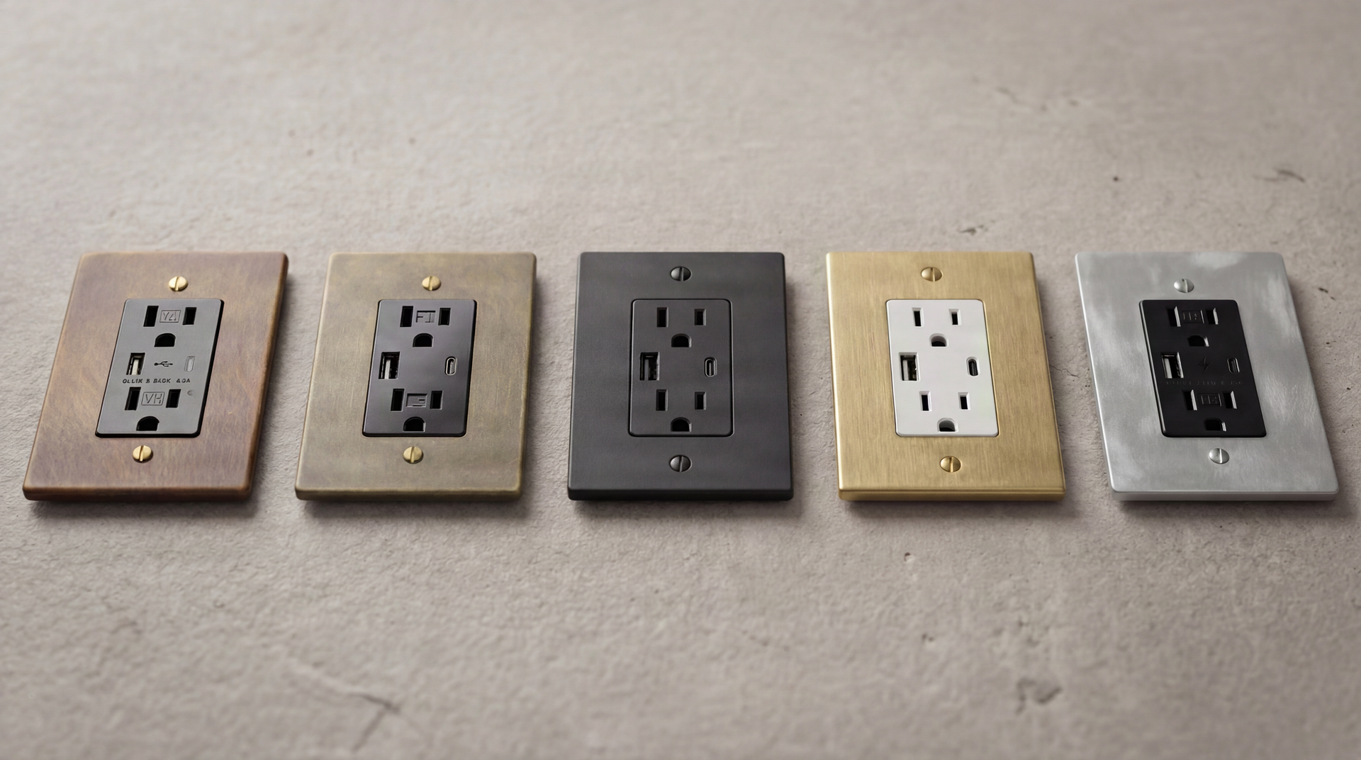 Five premium Usb Outlets in aged, antique, matte black, satin brass, and satin nickel finishes, showcasing timeless craftsmanship.