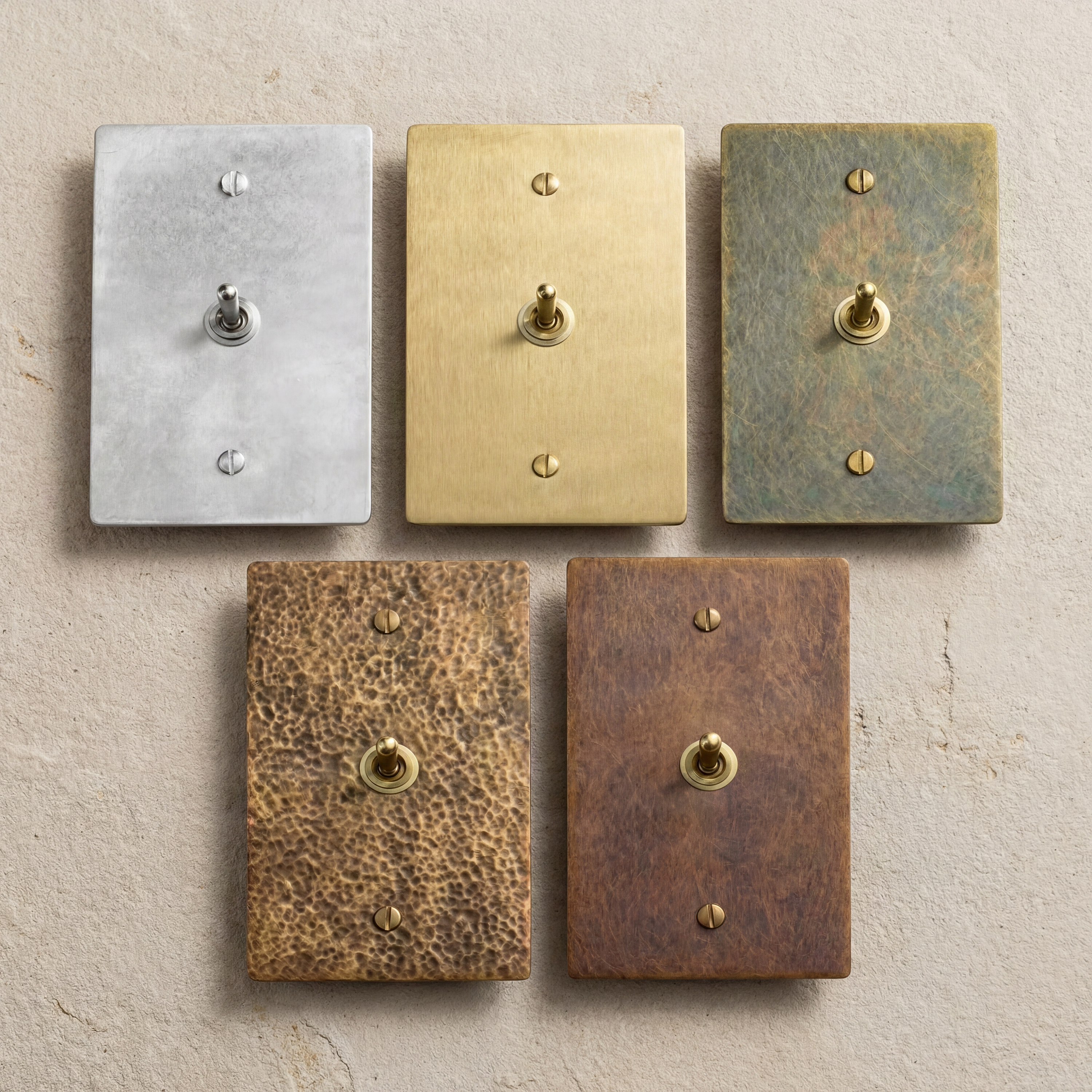 Luxury brass toggle switches in varied finishes and configurations.